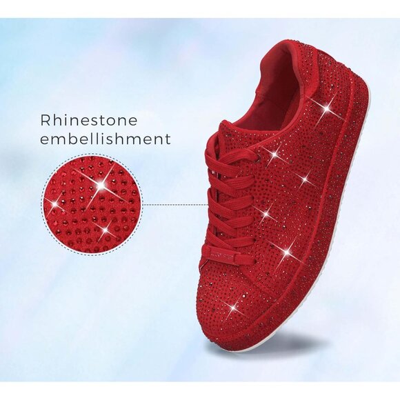 Women's Red Platform Rhinestone Fashion Glitter Sneakers Sparkly Shiny Shoes - Picture 4 of 9